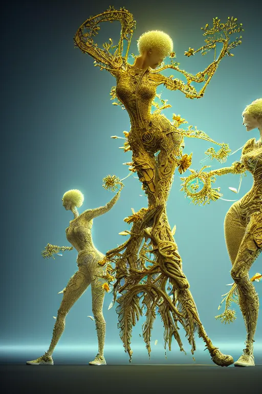 Image similar to intricate hyper detailed ultra sharp 3 d render, unity of mood, biomechanical cyborg ladies dancing, atmospheric, foliage, white large pore fungi, cyberpunk art nouveau, haute couture alexander mcqueen leaves stems colorful dahlias blooming transparent fractal filigree roots, intricate details, octane render, volumetric cinematic lighting, natural beautiful light, yellow infrared, lumiol, 8 k,