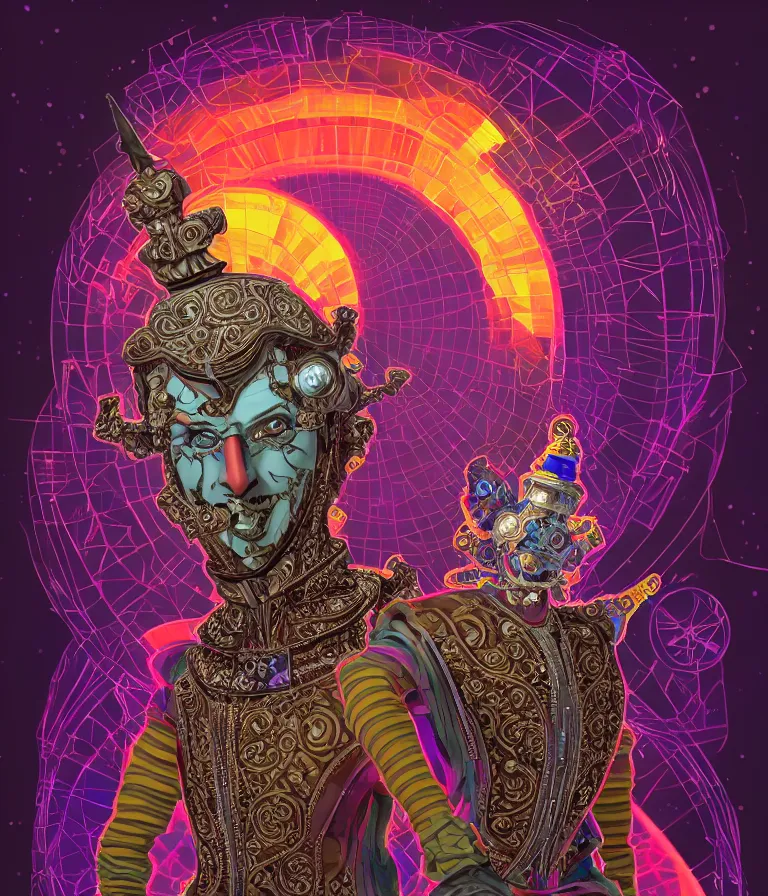 Image similar to front!!! shot of a court jester!!! character, hyperdimensional, (bioluminescent) hypercubes, dark holography!!!, ((sunset)) ((psychedelic)), chrome, mechanical, (((intricate))), elegant, highly detailed, centered, (((artstation, concept art, smooth, sharp focus, artgerm, Tomasz Alen Kopera, Peter Mohrbacher, donato giancola, Joseph Christian Leyendecker, WLOP, Boris Vallejo))), mugshot!!!!!, ugly!!!!!!, octane render, nvidia raytracing demo, octane render, nvidia raytracing demo, octane render, nvidia raytracing demo, grainy, muted, 8K, digitalblasphemy, metatron