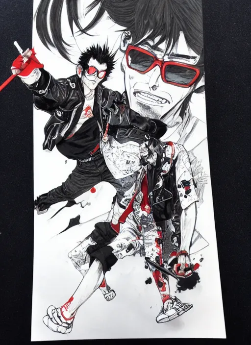 Prompt: travis touchdown, by takehiko inoue and kim jung gi and hiroya oku, masterpiece ink illustration