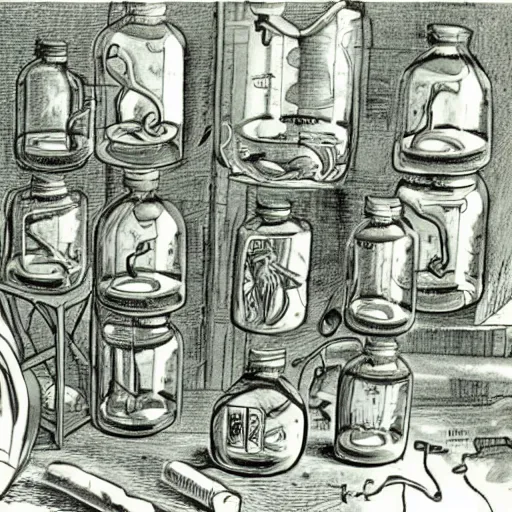 Prompt: real photo of lovecraftian secret cellar with aliens in jars and operating table