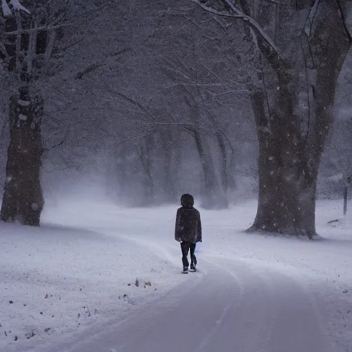 Image similar to a boy with colored dread hair walking in snow, 5 : 3 0 am