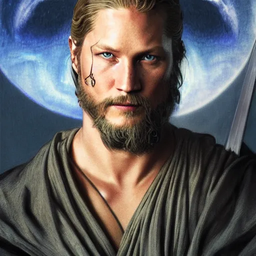 Image similar to Portrait of Travis Fimmel as a sith lord from star wars, full length shot, shining, 8k highly detailed, sharp focus, illustration, art by artgerm, mucha, bouguereau