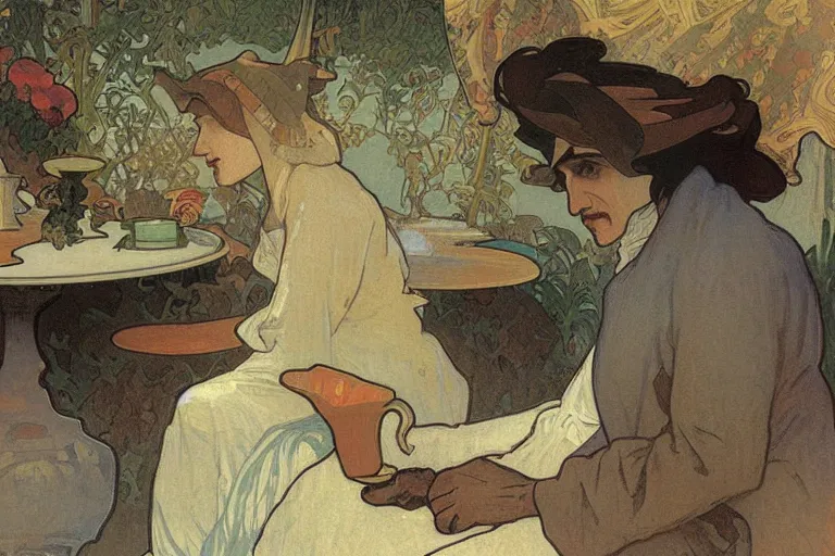 Image similar to a matte painting of a man sitting down and having a cup of tea in his house by the beach, by alphonse mucha, muted colors