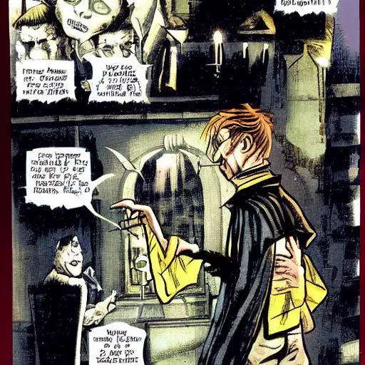 Image similar to comics Harry Potter talking to the Sandman in The Sandman comic, by Neil Gaiman, by Dave McKean, comics Sandman, small details, whole-length