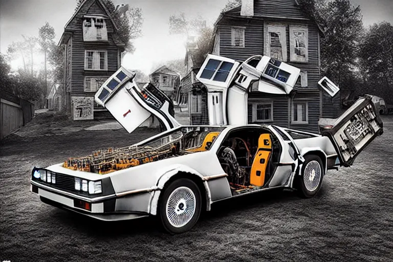 Prompt: doc brown, christopher lloyd working construction, building a delorean, back to the future, in the style of erik johansson