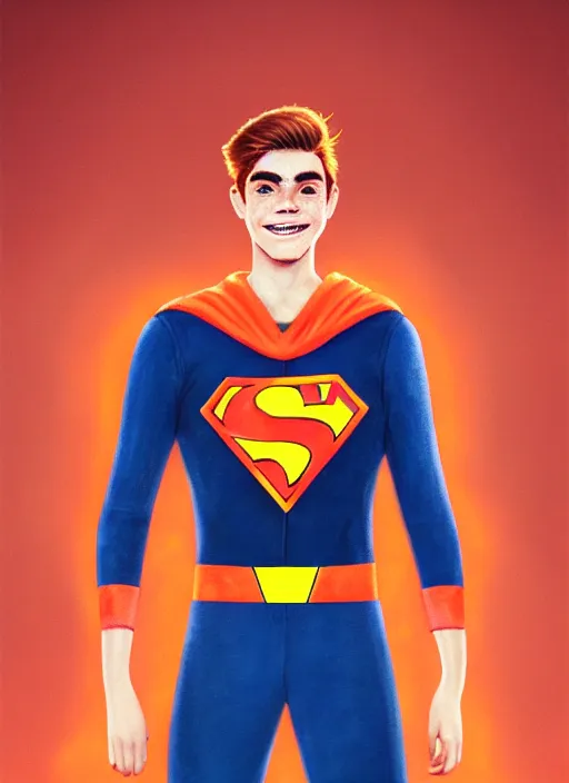 Image similar to friendly teenage archie andrews wearing an orange superhero costume with heart logo, freckles, superhero costume, heart emblem on chest, cape, intricate, elegant, glowing lights, highly detailed, digital painting, artstation, sharp focus, illustration, art by wlop, mars ravelo and greg rutkowski