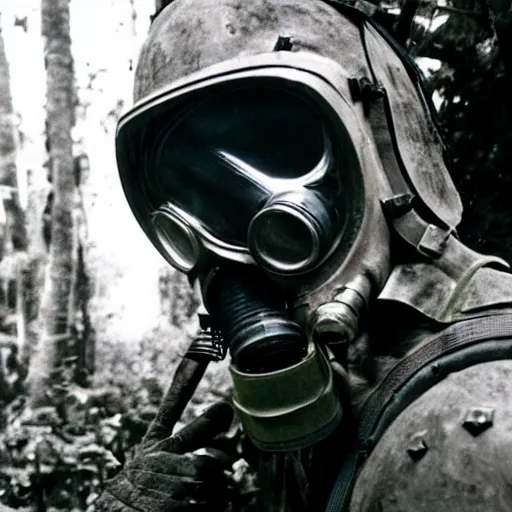 Image similar to a heavily armored man wearing a gasmask, in the jungle, film still, arriflex 3 5