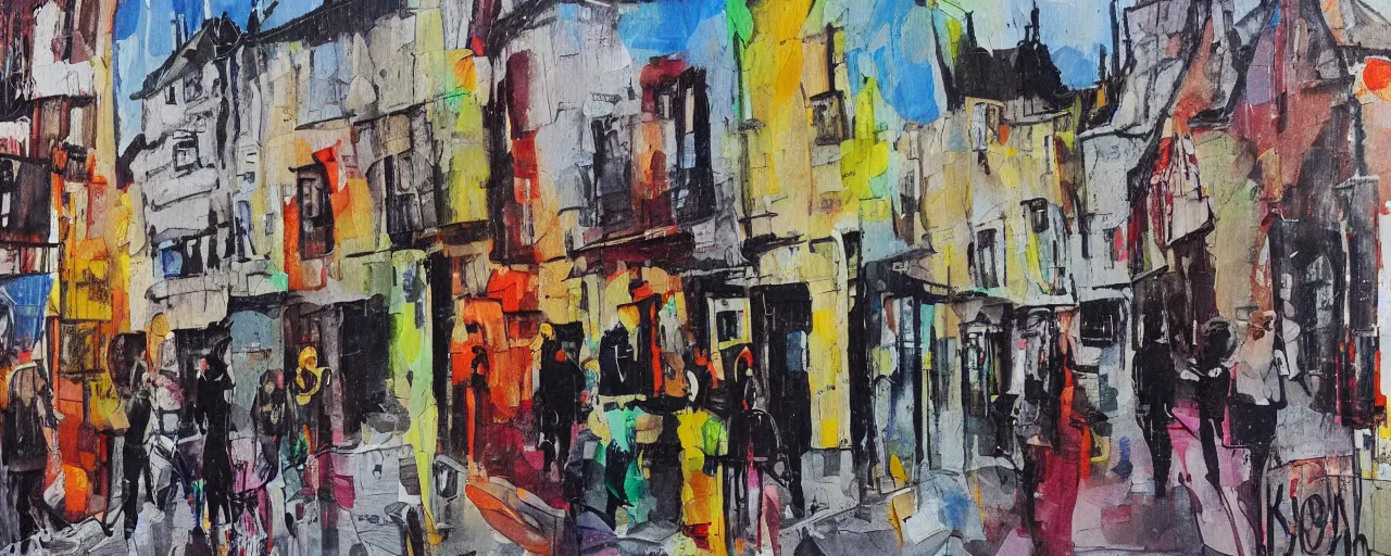 Prompt: a painting of street life in kirkwall orkney, emotive, chaotic, bold, riotous, random