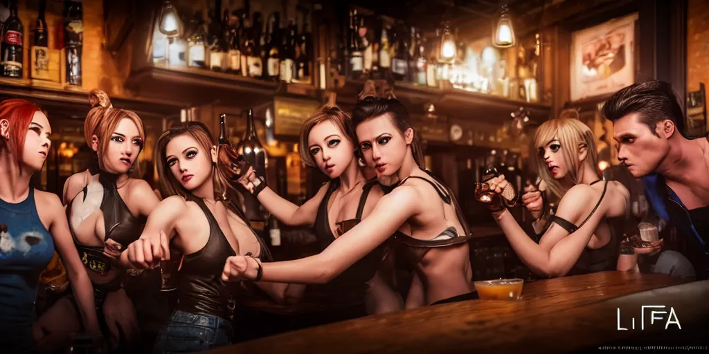 Prompt: a photo of a bar fight inside a pub between attractive cosplayers, Leica, symmetrical faces, muscles, detailed faces, accurate faces, 4k, 3D render, hyperrealism, editorial, photorealistic, crisp details, sharp focus, wide angle lens, octane render, cinematic lighting