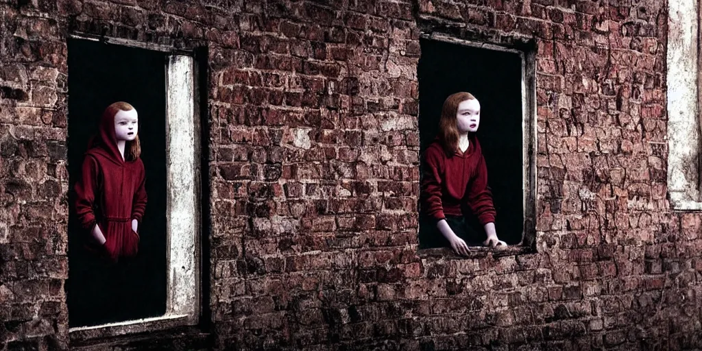 Image similar to at night, sadie sink in hoodie sits on windowsill, knees tucked in | rain falls, old brick wall with ussr propaganda posters : imax film, anamorphic, single long shot from schindler's list by steven spielberg. cyberpunk, cinematic atmosphere, detailed and intricate, perfect anatomy