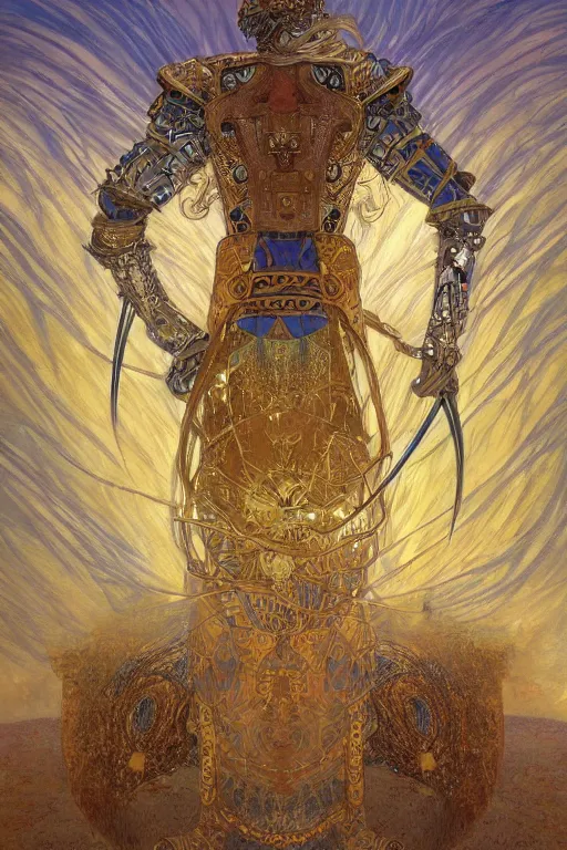 Image similar to breathtaking digital painting of a knight pierced with swords of light, in golden clouds in a desert castle, strokes of mist and golden ribbons, art nouveau style, by casimir art, gustav klimt and alfons mucha, anato finnstark and kelogsloops, elegant, highly detailed, artstation, concept art, matte, sharp focus
