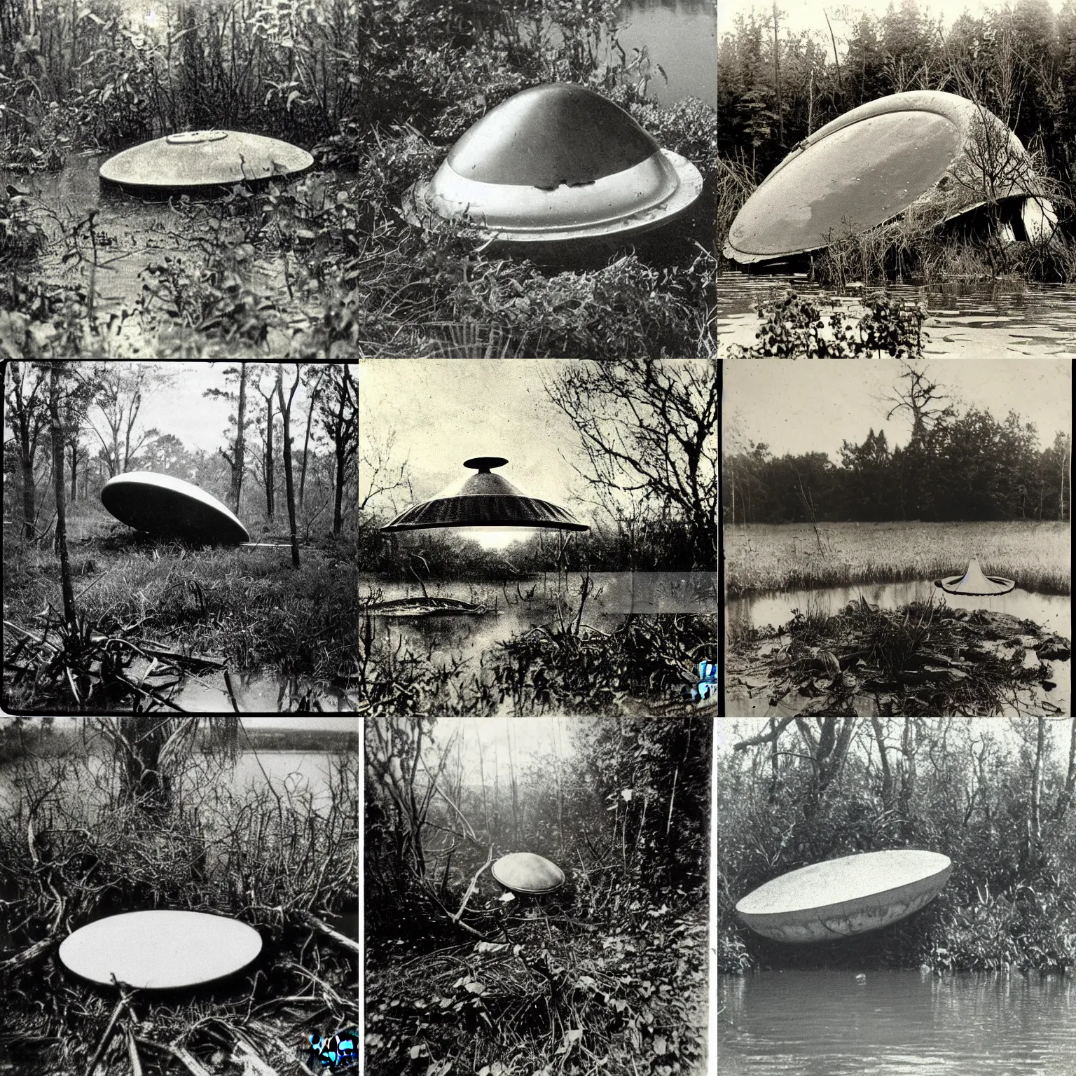 Prompt: 1 8 8 0 s photograph, a flying saucer crashed in a swamp. an alien is hiding behind the bushes.