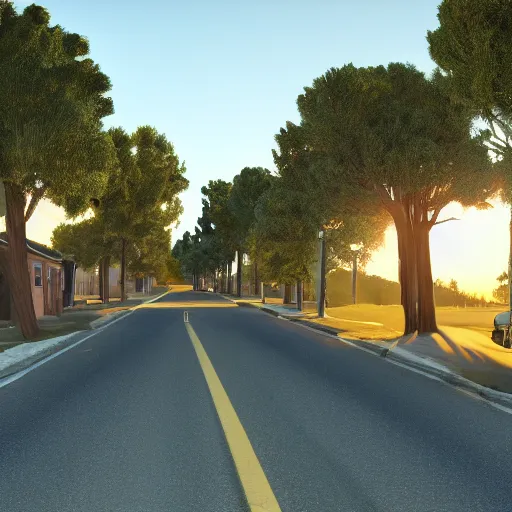 Prompt: neighborhood street, golden hour, golden sunshine, trees over road, shining sun in distance, trees, juniper trees, oak trees, cars parked in street, long street, distance, cel - shaded, raytracing, cel - shading, toon - shading, unreal engine 5