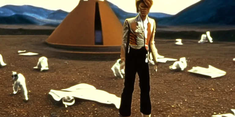 Image similar to Cinematography of Heroes era David Bowie in 1981 shot on a 9.8mm wide angle lens on the set of The Muppet Movie
