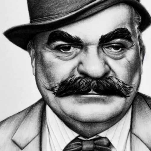 Image similar to pencil illustration of David suchet as hercule poirot, highly detailed, 8k, cinematic,