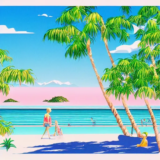 Prompt: a beautiful painting of a sunny day at a large beach filled with lush plants and palm trees by hiroshi nagai and hirohiko araki, detailed line art, vaporwave color scheme