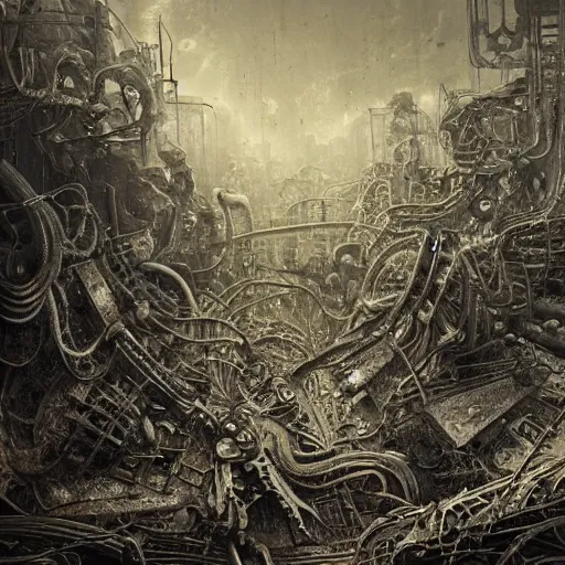 Image similar to a junkyard for cyborgsl, horror art by beksinski and szukalski and giger and and pyromallis and dzo and iris compiet and seb mckinnon and, technical drawing, blueprint, highly detailed, intricate, sharp focus, trending on artstation hq, deviantart, unreal engine 5, 4 k uhd image