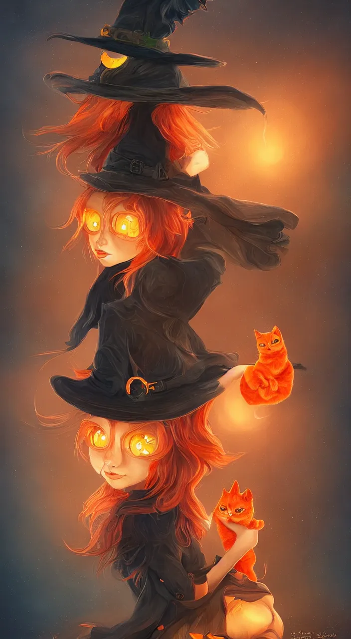 Prompt: elaborately ultradetailed portrait of a cute witch with an orange cat, dreamscape maximized, dramatic lighting, fantasy digital art painting, trending on deviantart, Aetherpunk,