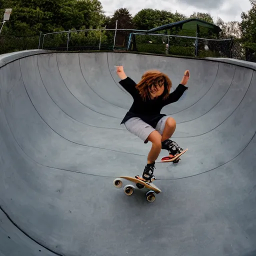Prompt: fish lens of Isabelle skateboarding in a skate park