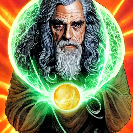 Prompt: supervillain ripped physique portrait Jeremy Irons donning a Gandalf costume whilst brandishing a green glowing orb jean sebastien rossbach jeff easley jen bartel
