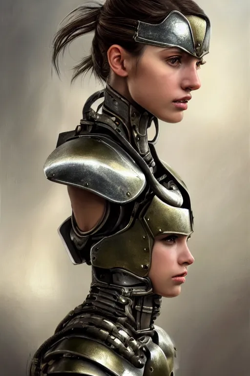 Image similar to a photorealistic painted portrait of an attractive young girl, partially clothed in dull metal-plated battle armor, olive skin, long dark hair, flawless skin, beautiful bone structure, symmetric facial features, perfect photorealistic eyes, natural physique, intricate, elegant, digital painting, concept art, finely detailed, beautifully illustrated, sharp focus, minimal artifacts, from Metal Gear, by Ruan Jia and Mandy Jurgens and Artgerm and William-Adolphe Bouguerea, in the style of Greg Rutkowski, trending on Artstation, award winning art