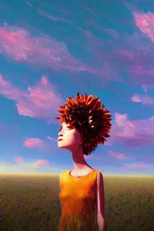 Image similar to closeup, giant flower head, girl in desert, surreal photography, wind and cold, dramatic sky, impressionist painting, digital painting, artstation, simon stalenhag