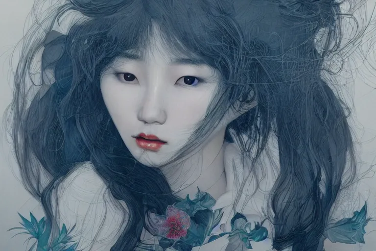 Image similar to Lee Jin-Eun by James Jean, rule of thirds, seductive look, beautiful, in intergalactic hq