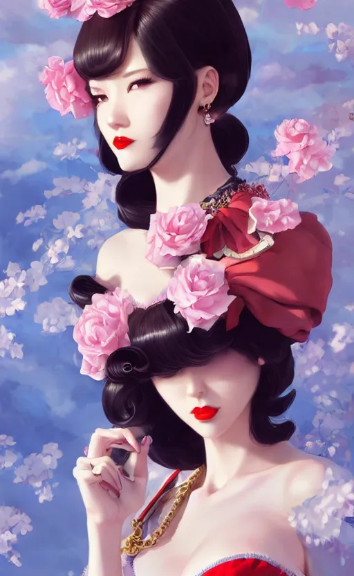 Image similar to a pin up and beautiful fashion and charming and dreamlke japan girl with lv jewelry, character art, art by artgerm lau and kyoung hwan kim and and ilya kuvshinov and john singer sargent, hyperdetailed, 8 k realistic, symmetrical, frostbite 3 engine, cryengine, dof, trending on artstation, digital art