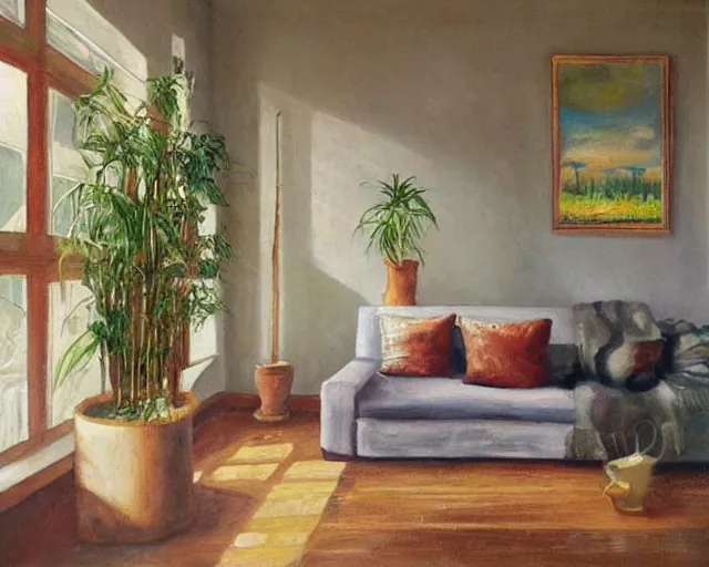 Image similar to A warm painting of a room interior, calm, relaxing, cosy, warm light, warm color scheme, houseplants, fresh flowers, oil on canvas