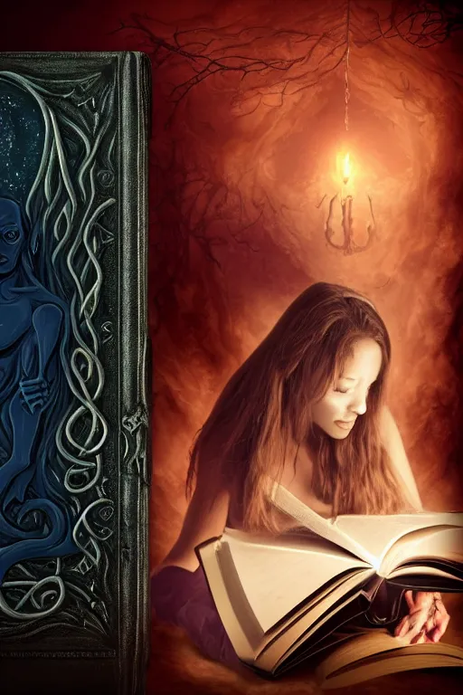 Image similar to romantic photo of bright girl, her cat and her book of necronomicon, symmetrical, cinematic, real dlsr photography, sharp focus, 4 k, ultra hd, sense of awe, sinister demonic atmosphere, dreadful, forbidden knowledge, old gods, cthulhu, yog - sothoth! yah, yah, yah! cultist journal cover