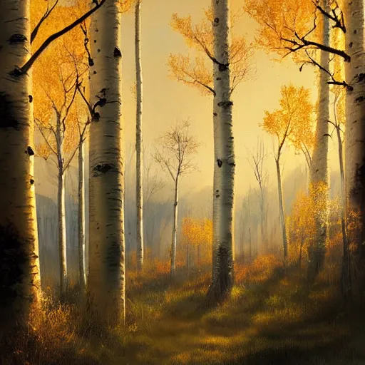 Image similar to beautiful painting of an Aspen forest at sunset, digital art, award winning illustration by greg rutkowski, golden hour, smooth, sharp lines, concept art, trending on artstation