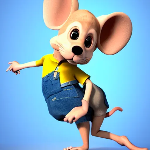 Image similar to 3 d render, portrait, upper body shot, mid shot, anthropomorphic mouse, female, blond furr, blue eyes, wearing denim short shorts and a off yellow tank top shirt, solo, in the style of the great mouse detective