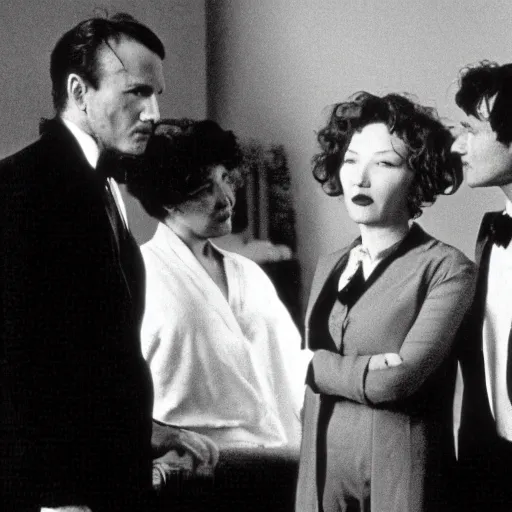 Prompt: film still, Martin Heidegger, George Lucas and Sarah Bernhardt in American Psycho