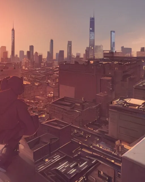 Prompt: a night rooftop scene, light from traffic in the city below, close up shot of a gangster wearing a streetwear trench coat looking at the city below, unreal engine, hyper realism, realistic shading, cinematic composition, in the style of Liam Wong and Makoto Shinkai