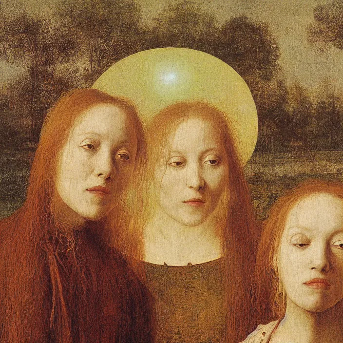 Prompt: a closeup portrait of a three - headed horned women, floating in huge levitating luminescent orb, in a foggy pond, golden hour, by jan van eyck