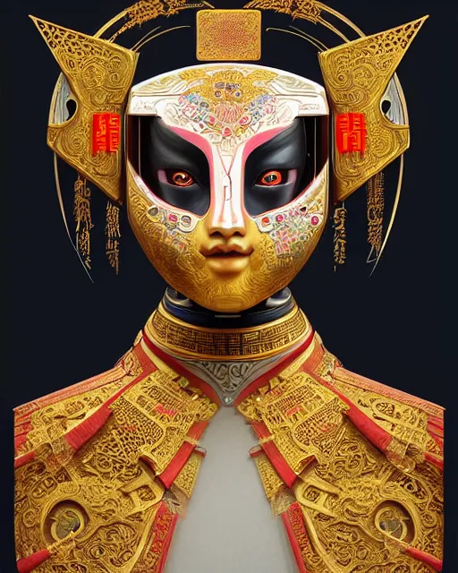 Image similar to symmetry!! portrait of a chinese opera robot, machine face, decorated with pharoanic motifs, intricate, elegant, highly detailed, digital painting, artstation, concept art, smooth, sharp focus, illustration, art by artgerm and greg rutkowski and alphonse mucha, 8 k