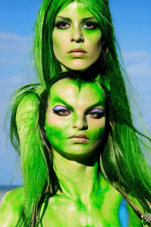 Image similar to a young italian woman dressed as a green-skinned verdan from DND standing on a beach, green body paint, high resolution film still, 8k, HDR colors, cosplay, outdoor lighting, high resolution photograph, photo by bruce weber, beautiful symmetric face
