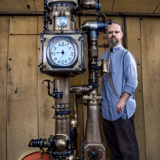 Image similar to A random pointless contraption ((steampunk)) industrial appliance pneumatic machine with no apparent purpose, being operated by a scholarly looking man with a clear directed gaze, XF IQ4, f/1.4, ISO 200, 1/160s, 8K, RAW, unedited, symmetrical balance, in-frame