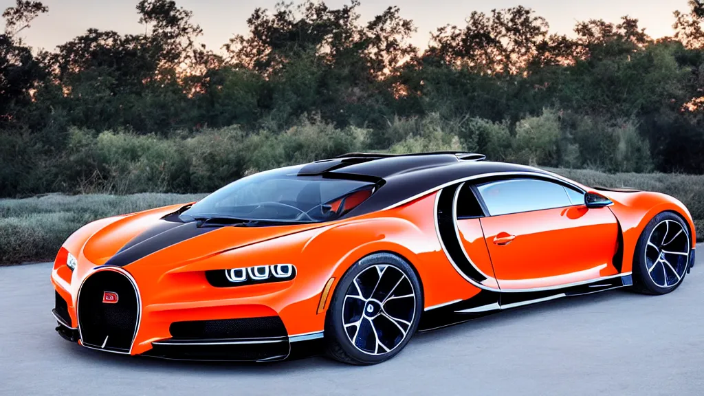 Image similar to synthwave bugatti chiron at sunset