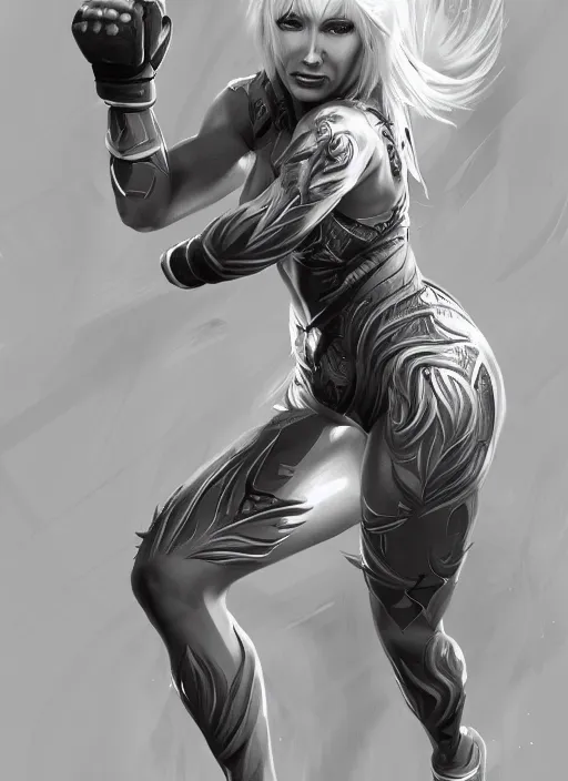 Image similar to a highly detailed illustration of fierce platinum blonde woman wearing mma gear, dramatic smile pose intricate, elegant, highly detailed, centered, digital painting, artstation, concept art, smooth, sharp focus, league of legends concept art, WLOP