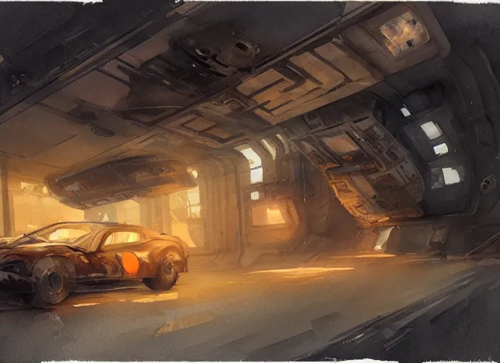 Prompt: watercolor painting abandoned space ship interior, haunting, warning lights, orange light, hazard stripes, industrial ambient lighting, dust, art by anders zorn, wonderful masterpiece by greg rutkowski, cinematic light, american romanticism by greg manchess, creation by tyler edlin