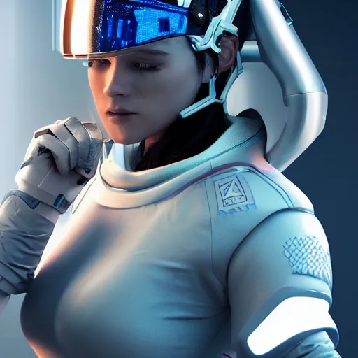 Image similar to cyberpunk supermodel female ice hockey player from 2100 wearing concept space helmet, digital art, octane render, cgsociety