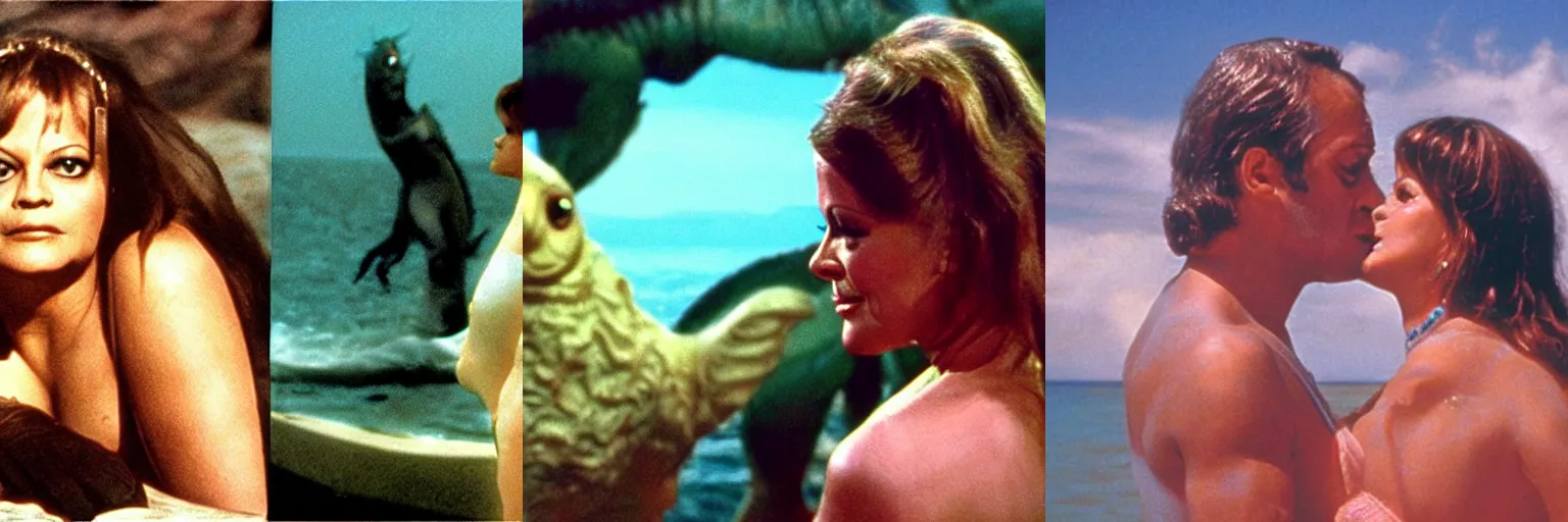 Prompt: scene of a movie by tinto brass showing andromeda played by claudia cardinale and the sea monster. cinematic, technicolor, 5 0 mm, highly intricate.