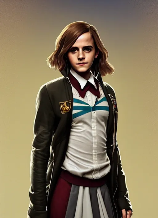 Image similar to portrait of Emma Watson wearing a hogwarts school outfit as a character from Cyberpunk 2077, looking at camera, intricate, elegant, sci-fi, extremely detailed, digital painting, artstation, concept art, smooth, sharp focus, illustration, ambient lighting, incredible art by artgerm and greg rutkowski and alphonse mucha and simon stalenhag