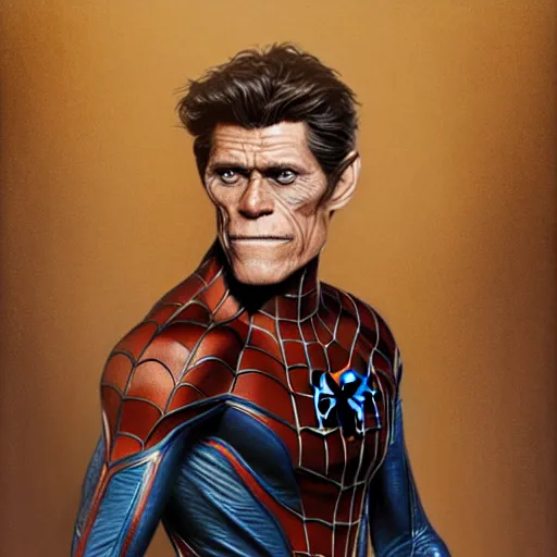 Image similar to handsome Willem Dafoe as Spider-Man, western, D&D, fantasy, intricate, elegant, highly detailed, digital painting, artstation, concept art, matte, sharp focus, illustration, art by Artgerm and Greg Rutkowski and Alphonse Mucha