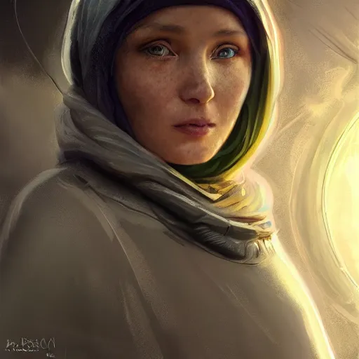 Image similar to A close up futuristic portrait of a babushka on the street of a Russian sleeping quarters on the moon, Norilsk, sci-fi, fantasy, intricate, very very beautiful, elegant, highly detailed, digital painting, artstation, concept art, smooth, sharp focus, illustration, art by artgerm and greg rutkowski and alphonse mucha