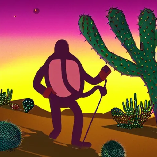 Image similar to A five-foot tall human nose that is walking a leashed holographic beetle in a desert with purple cacti, joshua trees, with a red sun directly overhead. Detailed illustration.