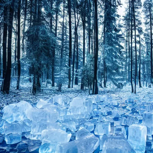 Prompt: professional photograph of a forest made of ice, high quality, cinematic lighting, hd, 4 k, 8 k