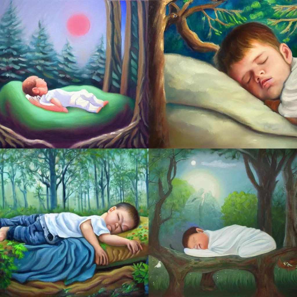 Prompt: a beautiful oil painting of a cute little boy sleeping on his bed and dreaming a mystical forest