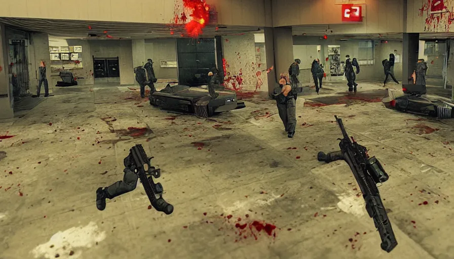 Prompt: 1994 Video Game Deathcam Screenshot, Anime Neo-tokyo Cyborg bank robbers vs police, Akira Anime, Set inside of the Bank Lobby, Multiplayer set-piece in bank lobby, Tactical Squad :9, Police officers under heavy fire, Police Calling for back up, Bullet Holes and Realistic Blood Splatter, :6 Gas Grenades, Riot Shields, Large Caliber Sniper Fire, Chaos, Anime Cyberpunk, Anime Bullet VFX, Machine Gun Fire, Violent Gun Action, Shootout, :7 Inspired by Escape From Tarkov + Intruder + Metal Slug :9 by Katsuhiro Otomo: 9